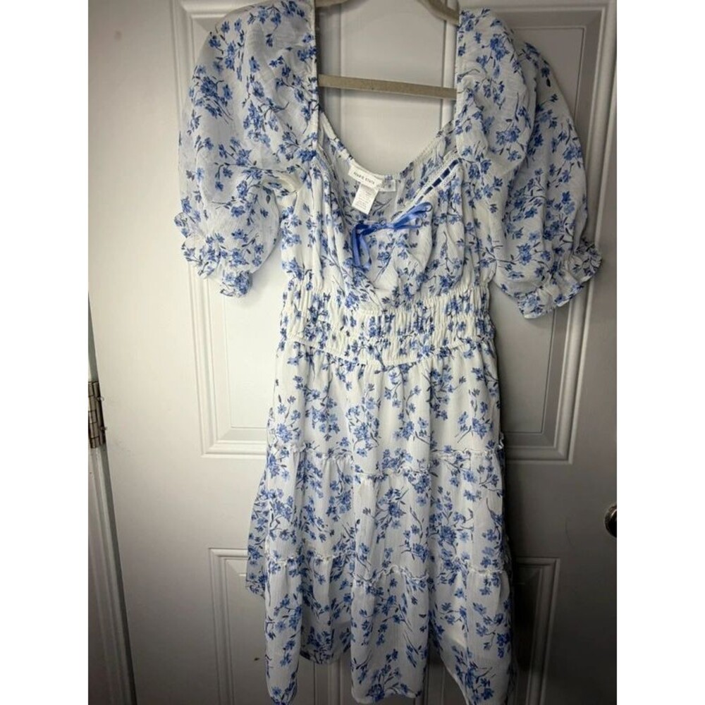 Atard State Blue Floral Puff Sleeve Midi Dress Size Medium